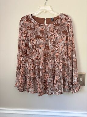 SHEIN Brown and Pink Floral Tiered Peasant Tunic